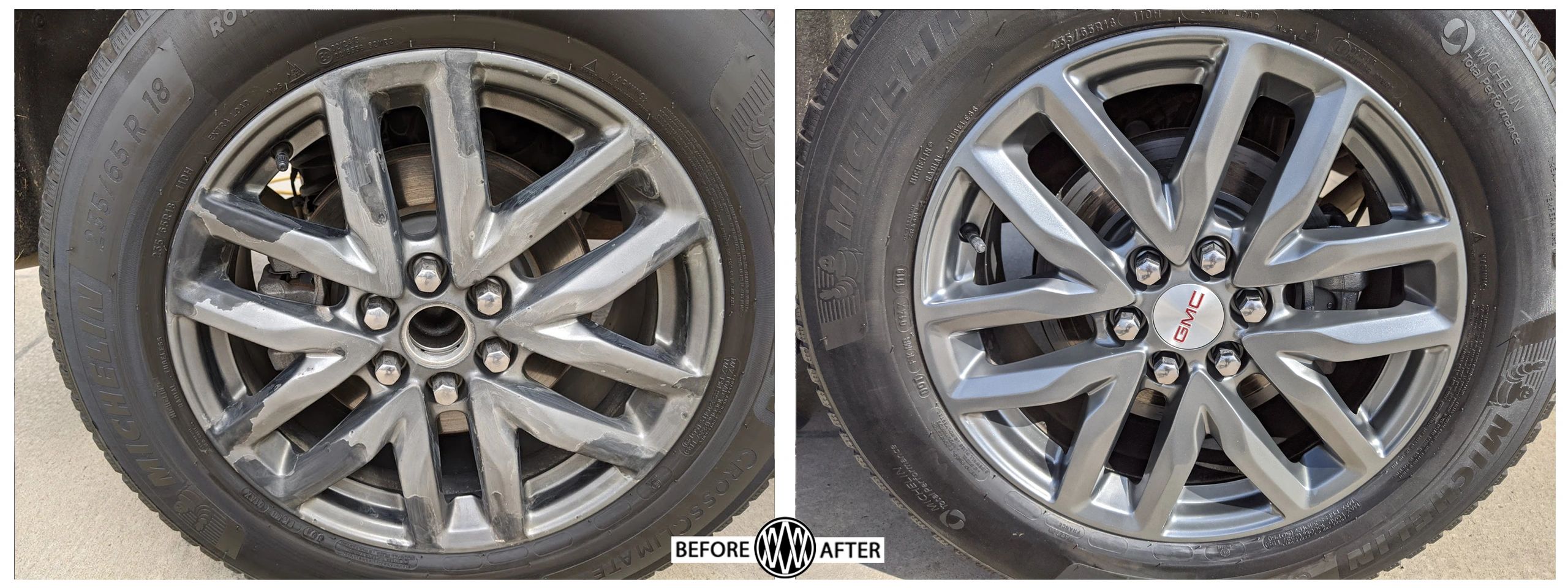 2019 GMC Acadia Alloy Wheels have peeling paint. 2nd picture shows the refinished wheel 