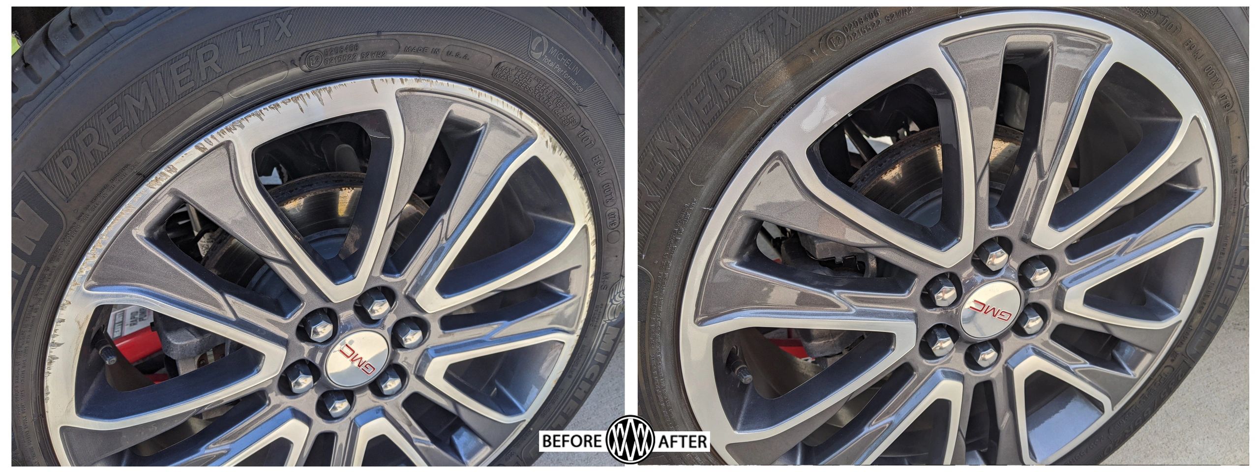 Damaged Rims on a 2020 GMC Acadia before and after pics. 