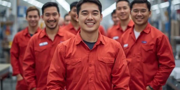 Smiling factory workers in red uniforms standing together in a production line.