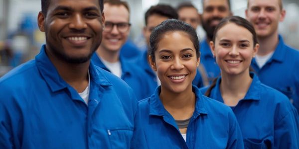 A diverse group of factory workers smiling in blue uniforms.