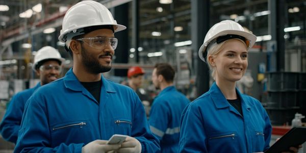 Industrial workers in blue uniforms and white helmets in a factory setting.