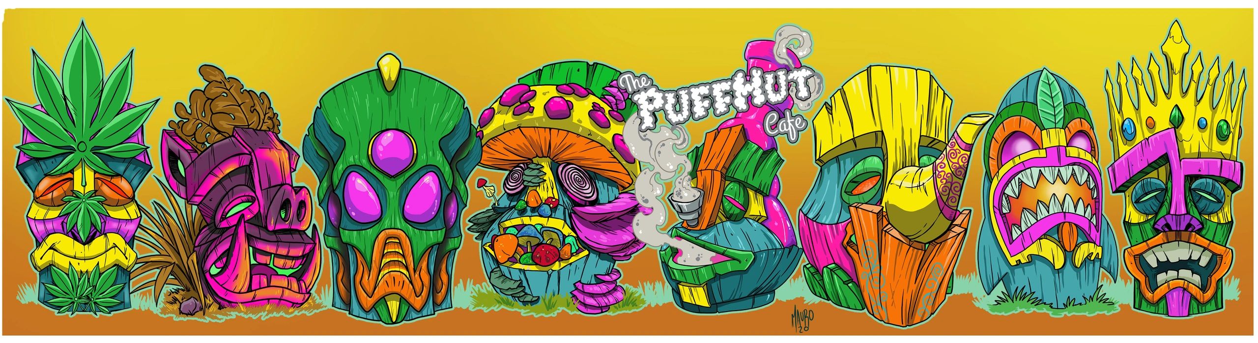 Colorful Tiki heads with vibrant designs and a "The Puff Hut Cafe" smoke logo.
