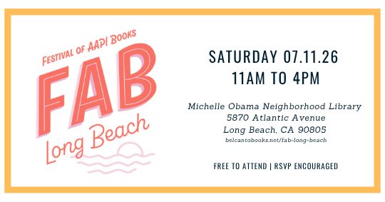 FAB (Festival of AAPI Books) Long Beach pink and orange logo with event date and location 
