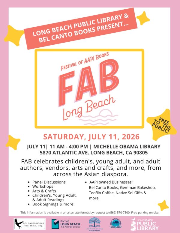 Festival of AAPI Books (FAB) Long Beach flyer with Sat 7/11/26 event info
