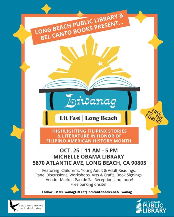 Teal, yellow, white and orange flyer for Liwanag Lit Fest 2025 in Long Beach CA