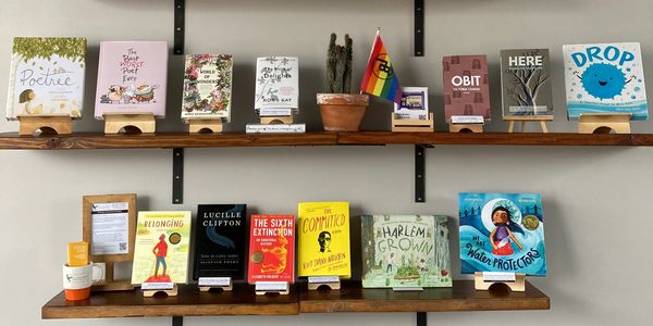 Colorful display of books from Bel Canto Books at Steel Cup Cafe