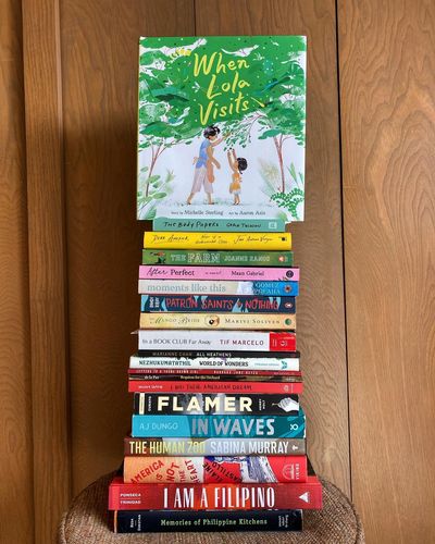 Colorful, towering stack of Filipino American books