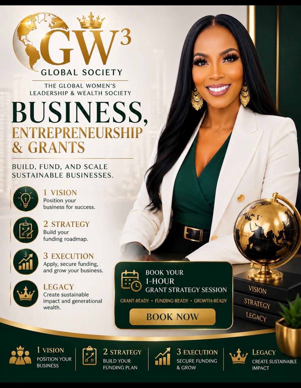Professional woman promotes global society for business, entrepreneurship, and grants.