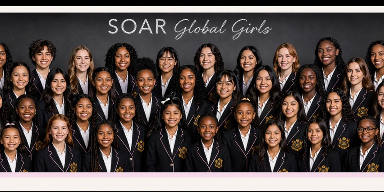 Diverse group of young girls in matching blazers under the title 'SOAR Global Girls'.