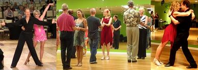 Couples engaged in ballroom dancing across different scenes in a dance studio.