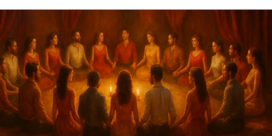 A group of people sitting in a circle holding hands around candles.