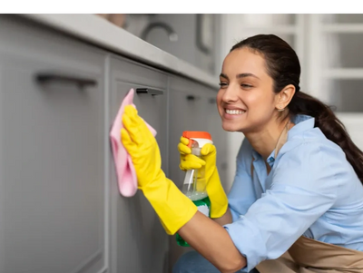 Woman cleaning kitchen cabinets with a spray bottle and cloth, smiling.