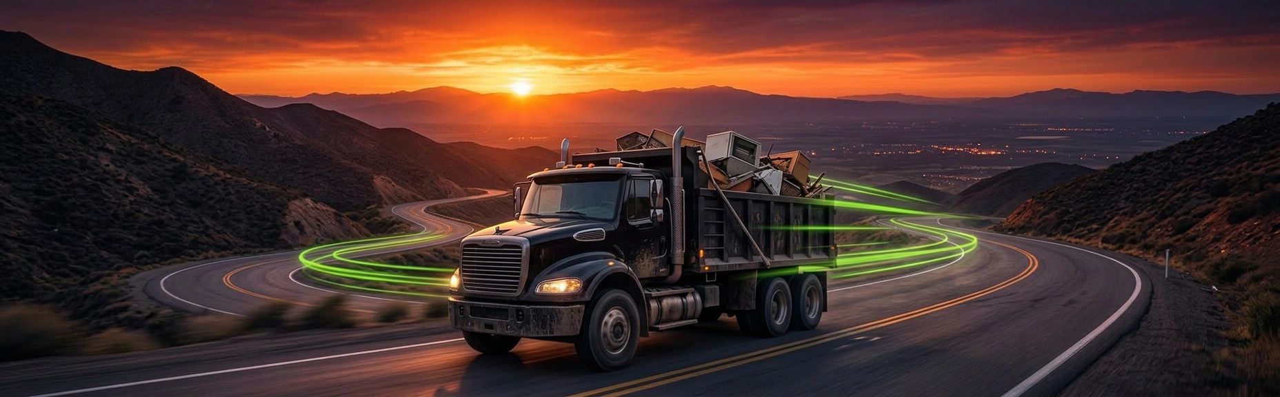 Dump truck carrying scrap metal on a winding road at sunset with green motion trails.