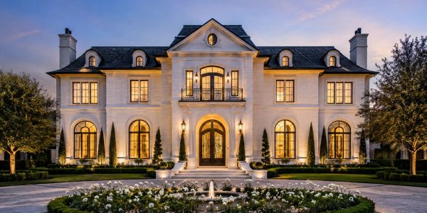 Elegant mansion illuminated at dusk with a fountain and manicured garden.