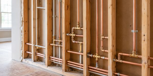 Copper plumbing pipes installed within wall studs in a building under construction.