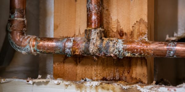 Corroded copper pipes with water damage on wooden support.