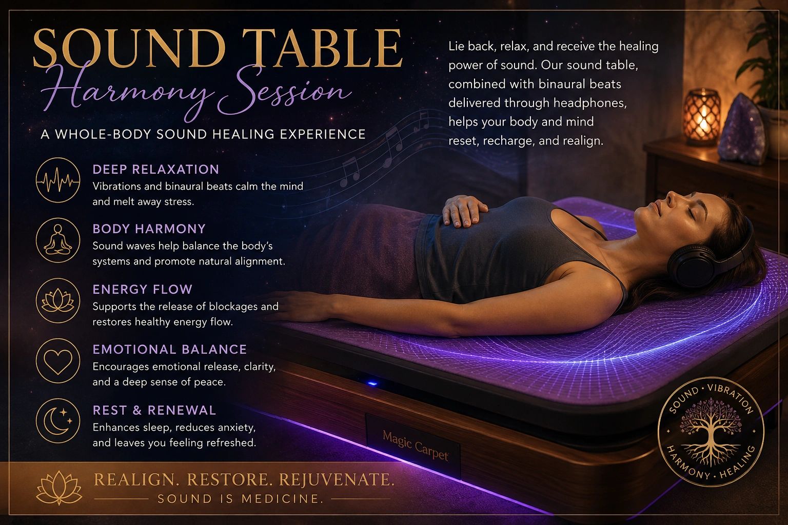 Woman relaxing on a sound healing table with headphones.