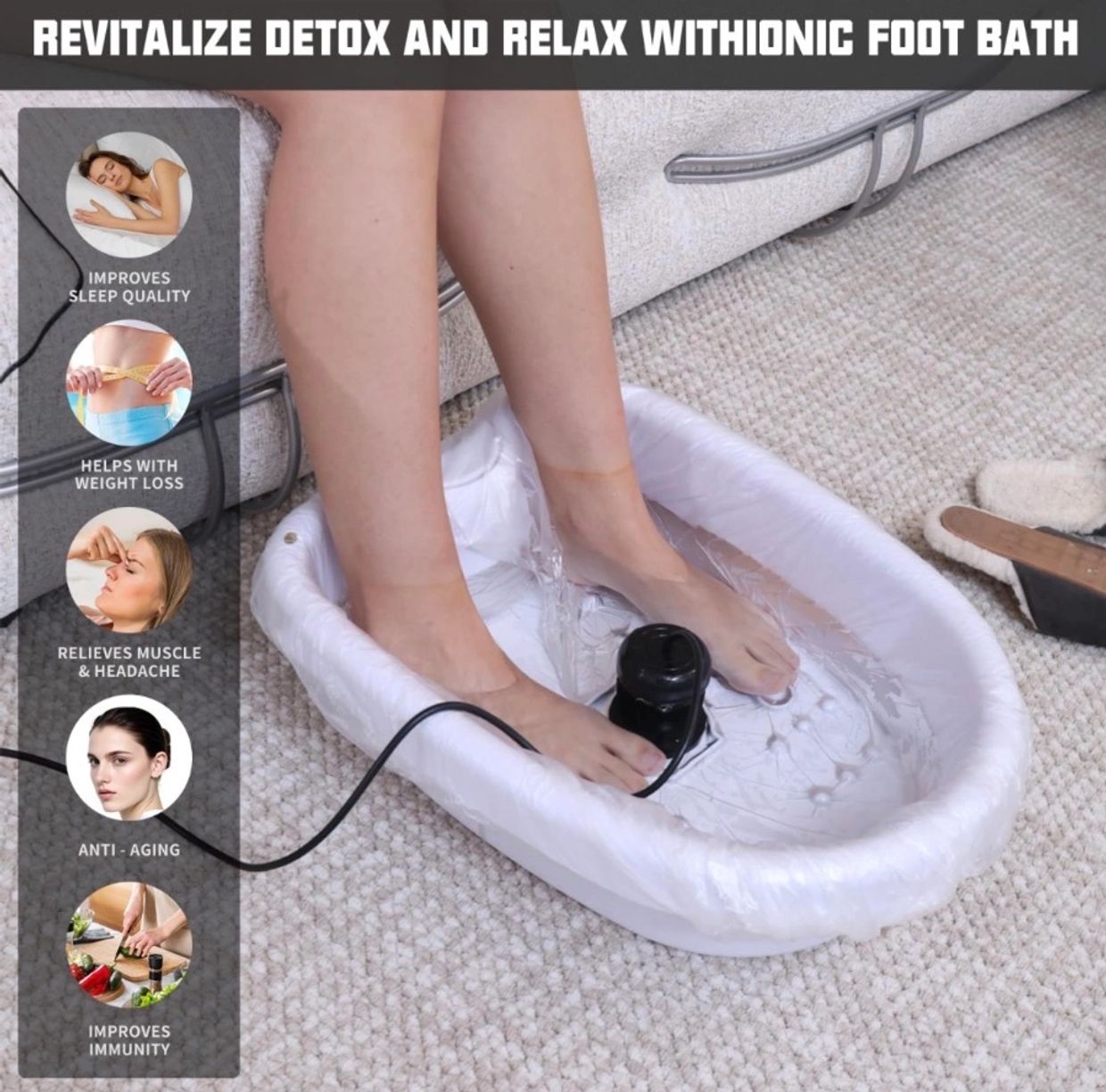 Person using an ionic foot bath for detox and relaxation.