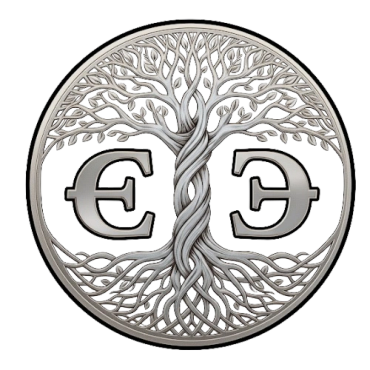 Silver emblem of a twisted tree with mirrored Euro symbols.