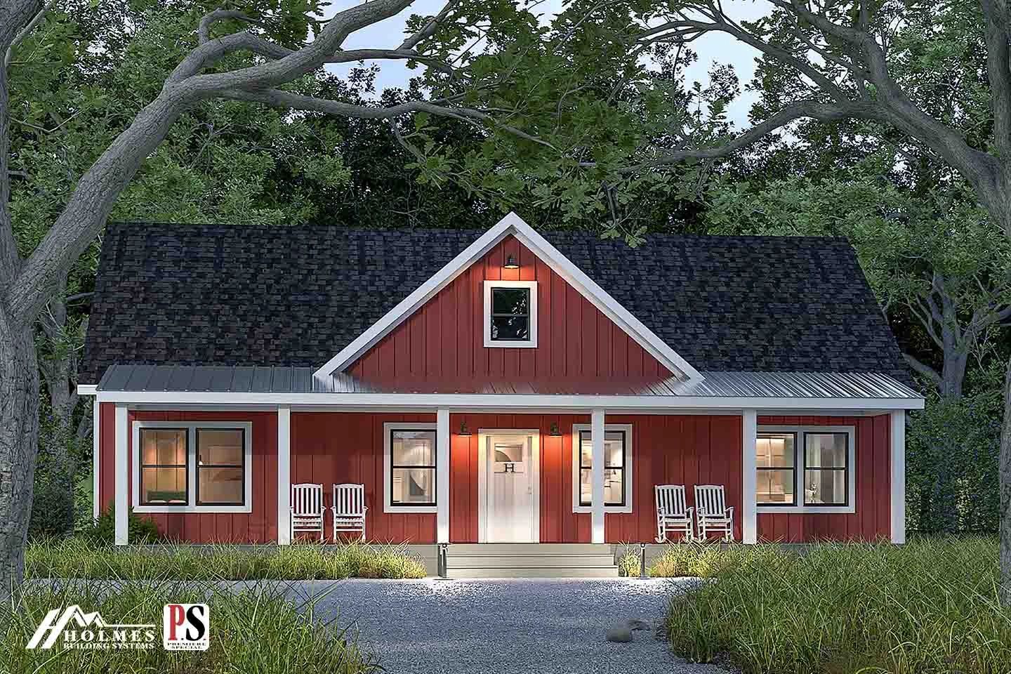 Cozy red farmhouse with white trim and rocking chairs on the porch.
