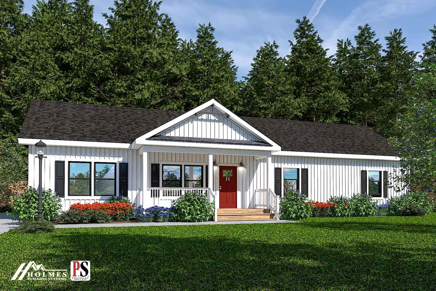 Single-story white house with black shutters and a red front door.