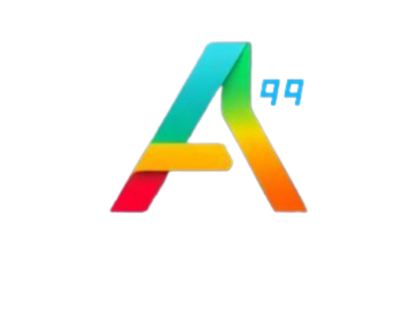 Colorful gradient 'A' with number 99 on black background.