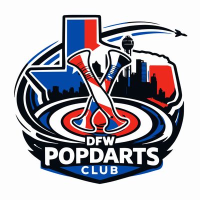 Logo for DFW Popdarts Club with Texas and city skyline.