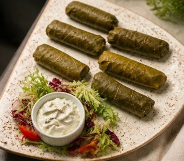 Stuffed grape leaves served with creamy dip and fresh salad on a plate.