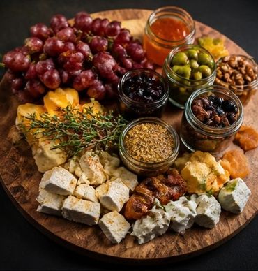 A gourmet charcuterie board with grapes, cheeses, nuts, and preserves.