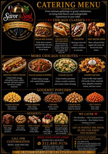 Chicago-style menu featuring hot dogs, salads, popcorn, and loaded nachos.