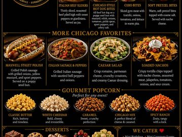 Chicago-style menu featuring hot dogs, salads, popcorn, and loaded nachos.