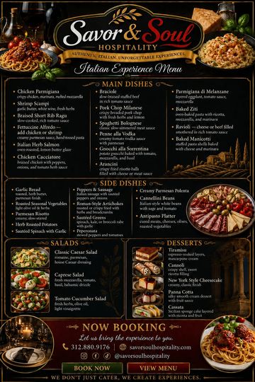 Menu with pasta, side dishes, salads, and desserts.