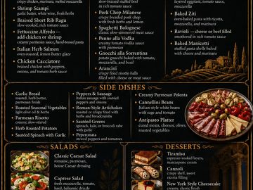 Menu with pasta, side dishes, salads, and desserts.