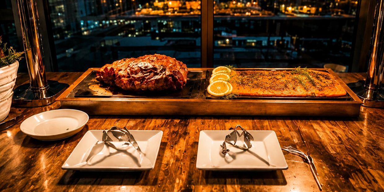Buffet setup with roasted meat and herb-topped salmon on wooden table.