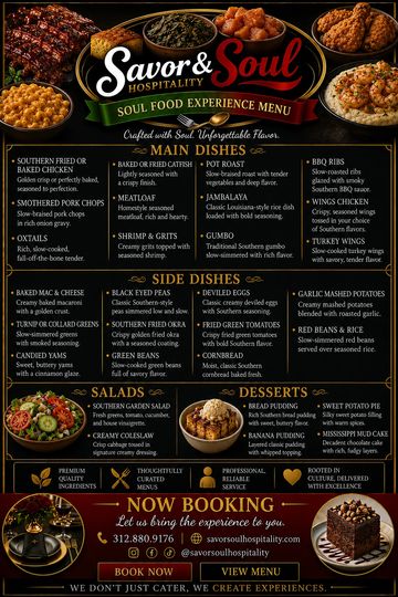 Menu featuring main dishes, side dishes, salads, and desserts.