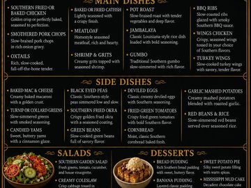 Menu featuring main dishes, side dishes, salads, and desserts.