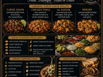 Mexican taco meal kit with four meats and toppings.