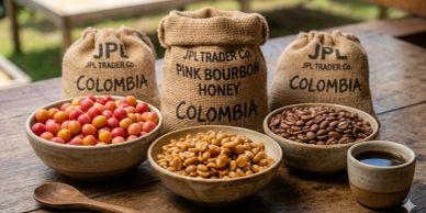 Coffee cherries, roasted beans, and nuts with Colombian coffee sacks.