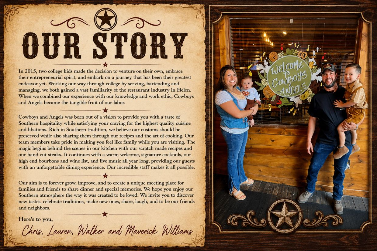 Family standing in front of Cowboys &amp; Angels restaurant with their story story article.
