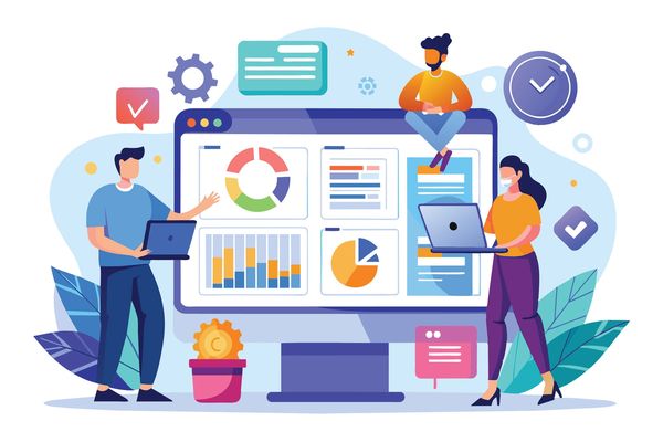 Three people looking at data to review their business activity