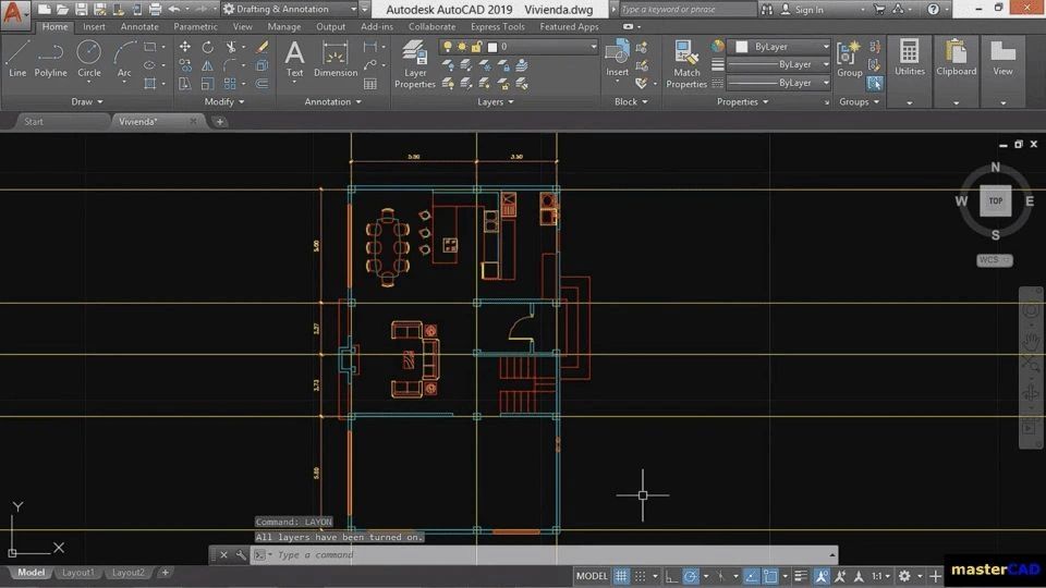 Plano en AutoCAD para estudio de arquitectura del Curso Online AutoCAD 2D 3D de masterCAD