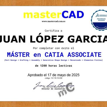 Certificado de Catia V5 Associate de masterCAD España tras finalizar curso Catia online.