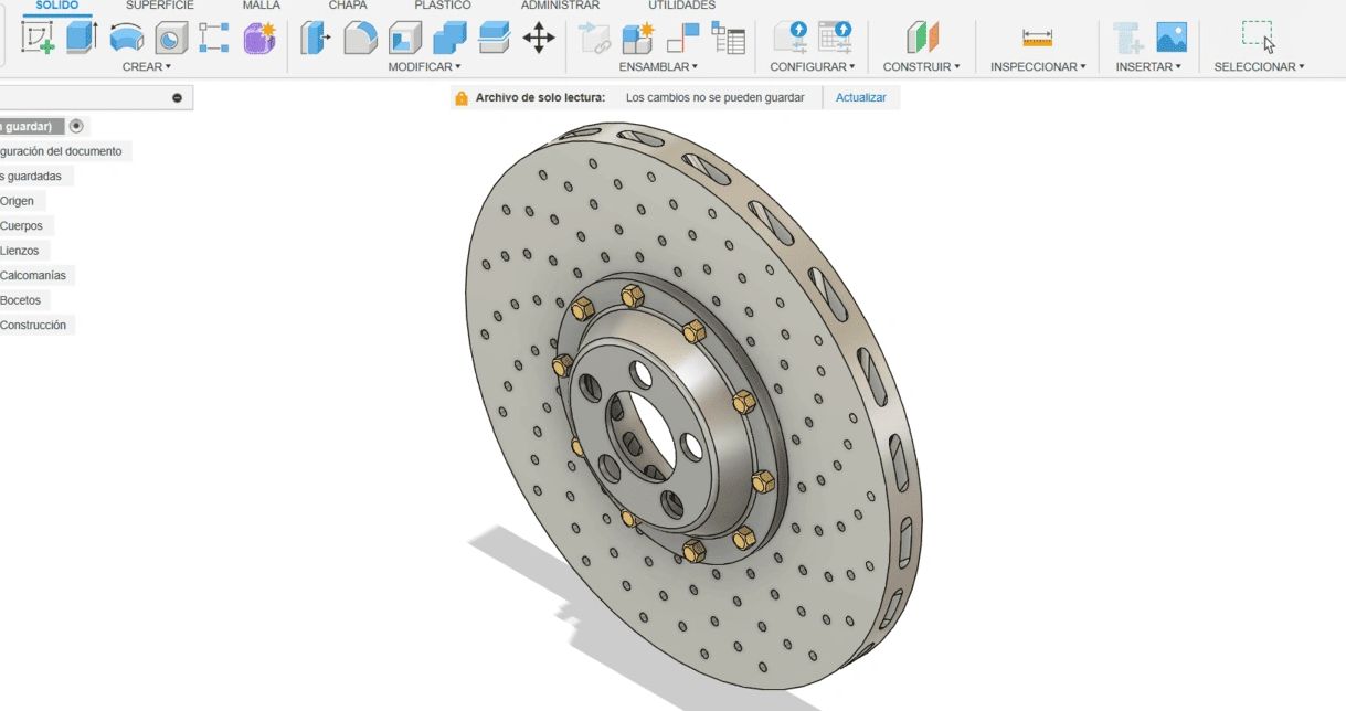Pieza del Curso Fusion 360 de estudiante de masterCAD. Diseño de Disco de Freno en Fusion 360