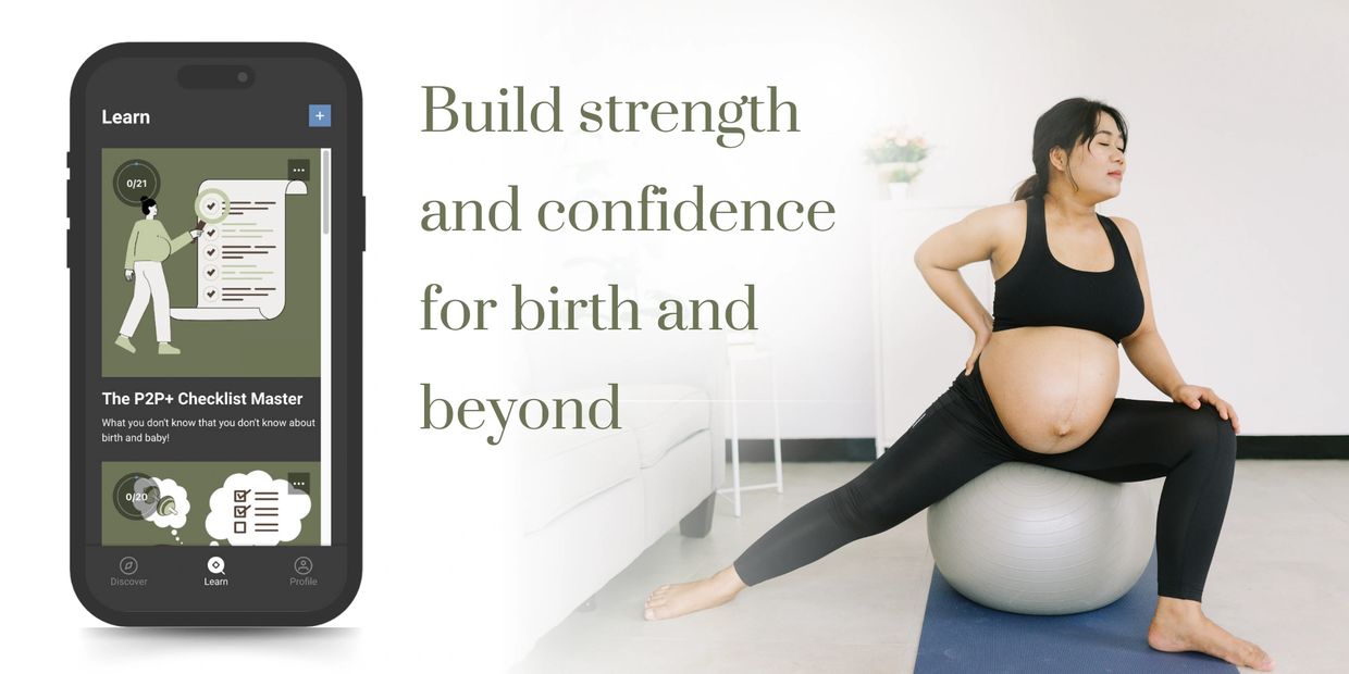 Pregnant woman exercising on a fitness ball with birth preparation app.