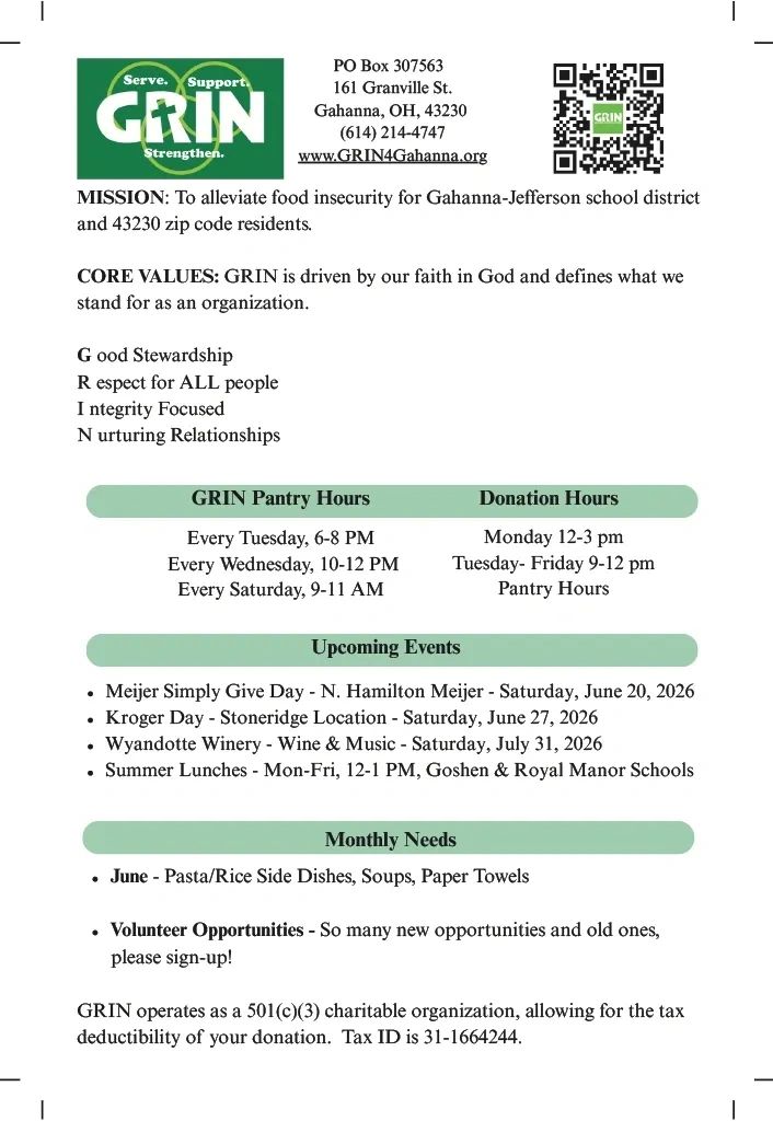 GRIN organization flyer detailing mission, pantry hours, events, and volunteer needs.