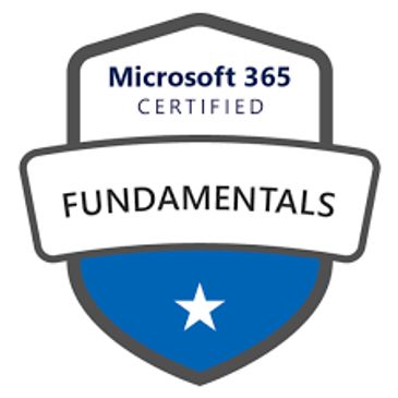 Microsoft 365 Certified Fundamentals badge with a star on blue shield.