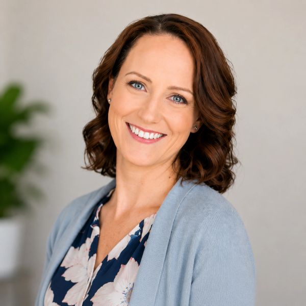 Smiling woman with curly brown hair in a floral blouse and light blue cardigan.