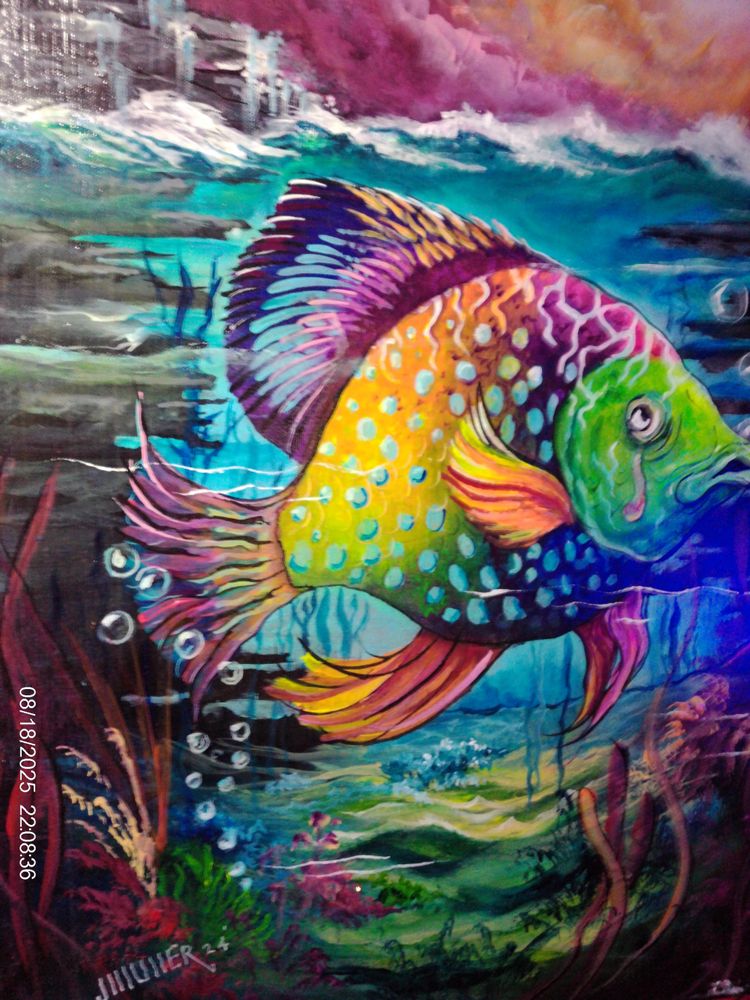 Vibrant painting of a colorful fish underwater with detailed coral and bubbles.