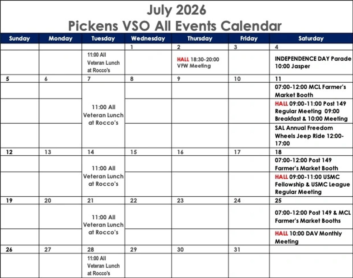 July 2026 Pickens VSO events calendar with meetings, lunches, and markets.