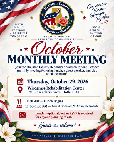 Flyer for Houston County Republican Women October monthly meeting on October 29, 2026.